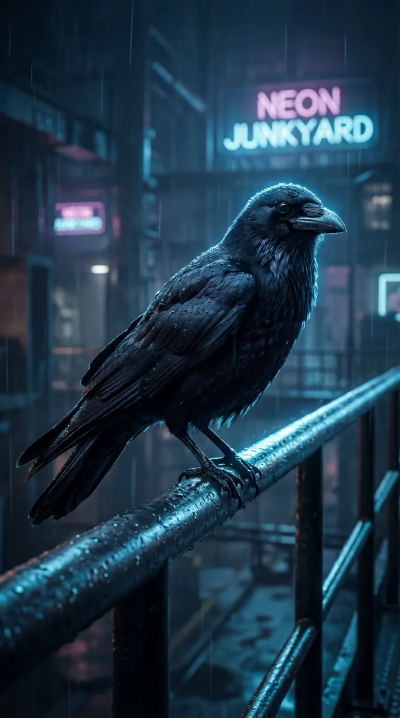 Glossy black crow on a wet railing, neon junkyard sign behind