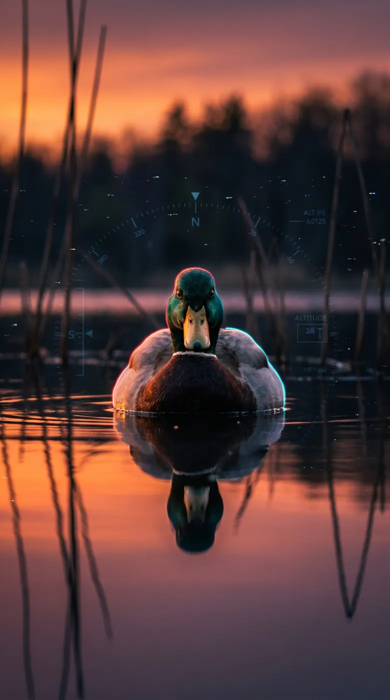 Mallard duck on a still pond at dusk, orange sunset reflected in the water
