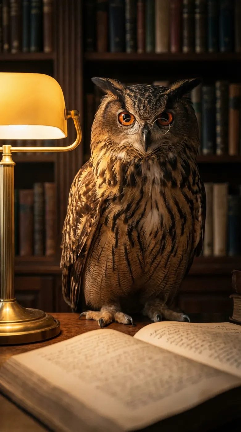Owl with amber eyes in a dim archive, desk lamp and open book