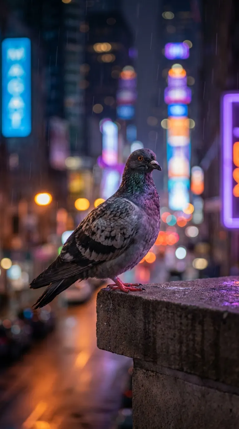 Grey city pigeon on a wet concrete ledge at night, neon signs behind