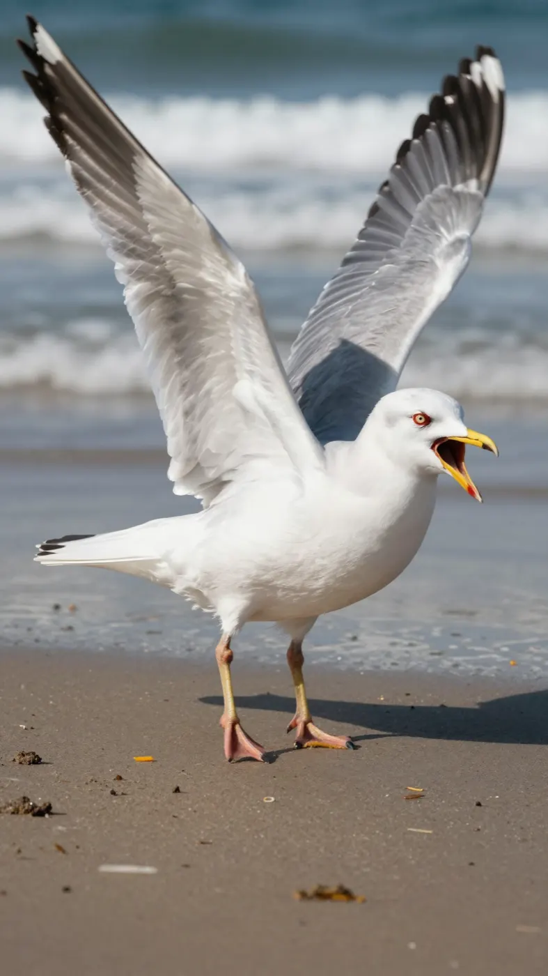 Seagull with wings raised, screaming on a sunny beach